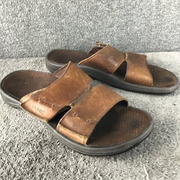 Vionic Men\'s Orthaheel Double Strap Leather Slides Sandals Brown Size 12 main image 11